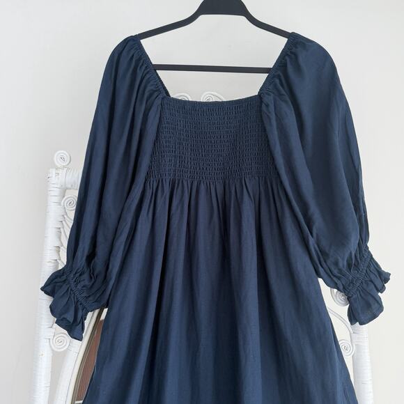 O.P.T. Dress Medium Navy Midi Smocked Puff Balloon Sleeve Cottage Prairie Linen - Picture 2 of 8